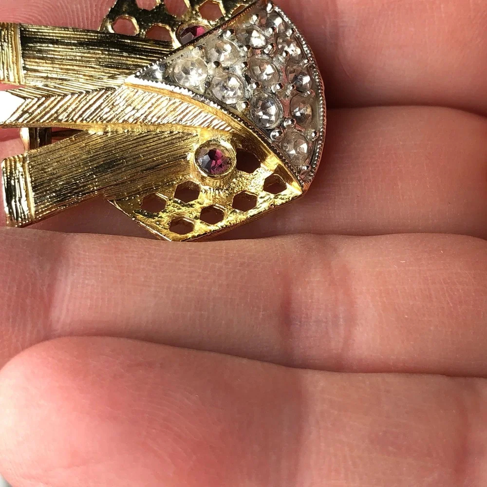 Vintage Elephant Brooch Mid Century Modern Gold Tone Rhinestone Red Eyes Mod Pin